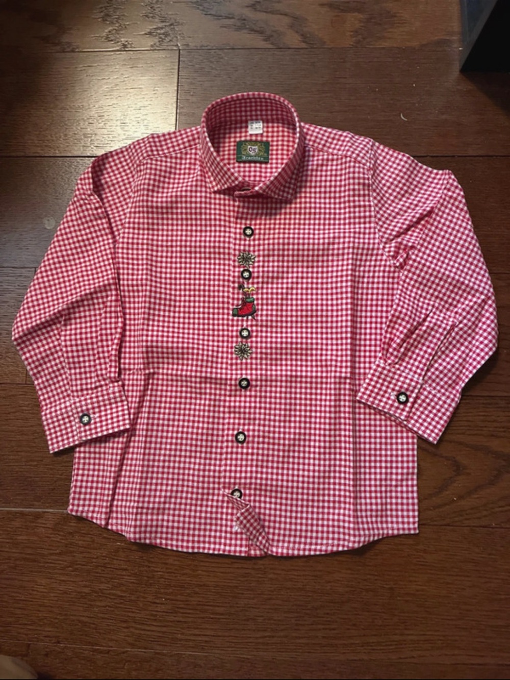 Children's German Red Gingham Button-Down Shirt with Embroidered Detail